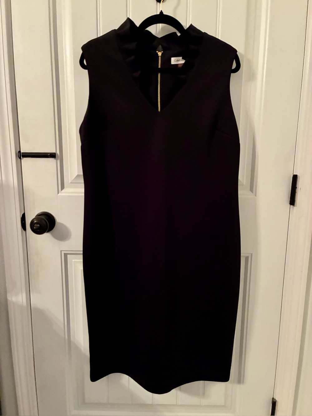 Calvin Klein Sleeveless Black Sheath Dress w/Long Gold Back Zip, ruffled collar